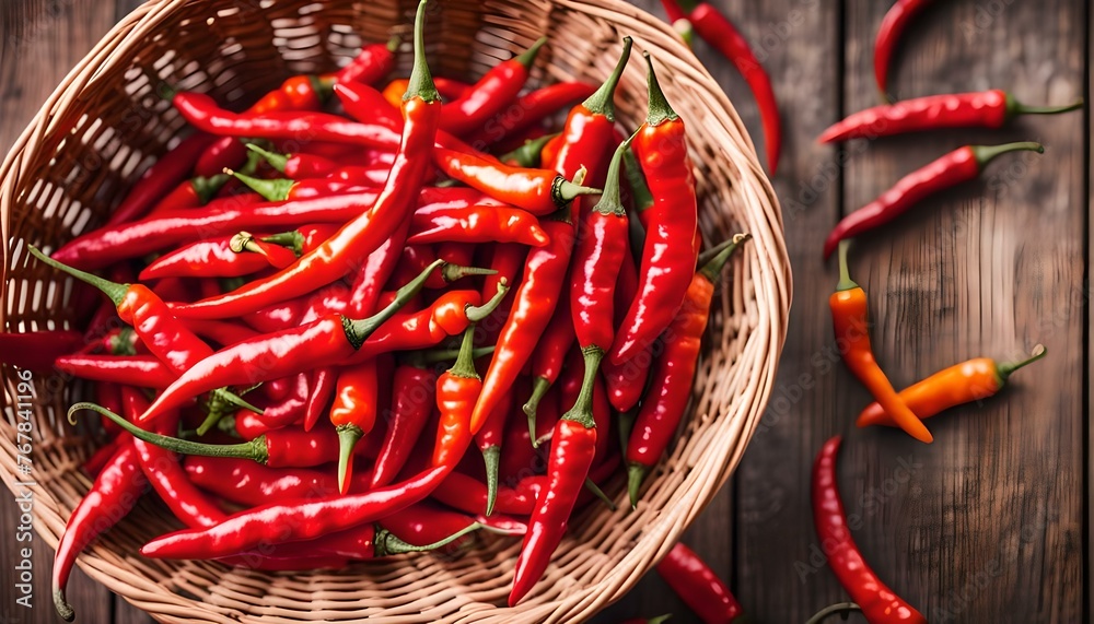 Wicker basket full of fresh red chili peppers.
Wicker basket full of fresh red chili peppers.