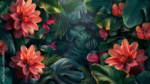 a stunning digital art composition featuring tropical leaves and large exotic flowers framing the scene. Ideal for cosmetics  spa  perfume  beauty salon  travel agency  and florist shop branding