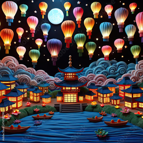 Chinese lanterns flying over the lake and the city with boats floating on it animated. Generated AI.
