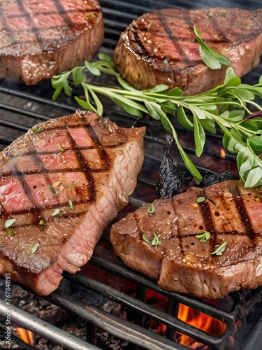 Steaks cooked on the grill with the greens below burning red coals. Generated AI.