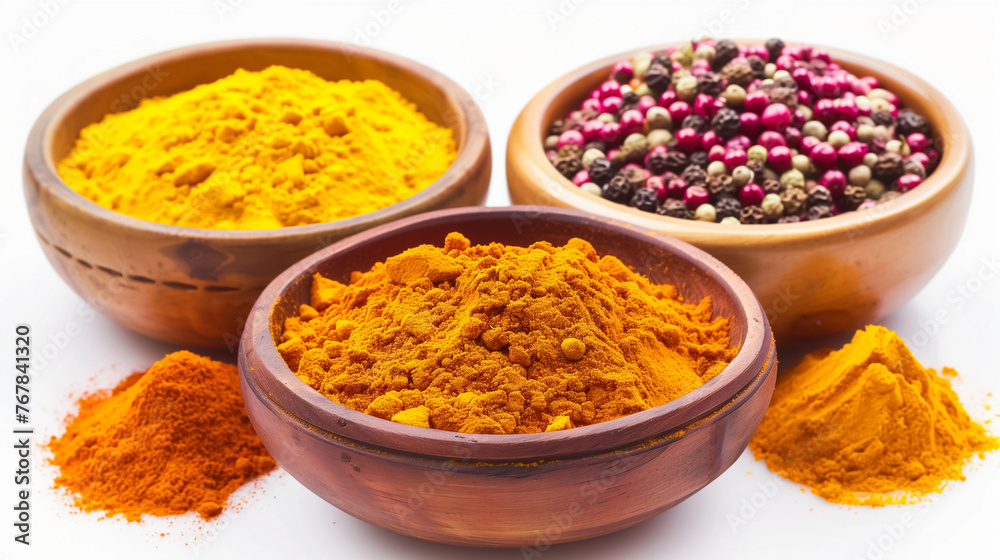 Turmeric and Mixed Peppercorns: Vibrant yellow turmeric powder spills from a wooden bowl, contrasting with whole mixed peppercorns in another bowl.