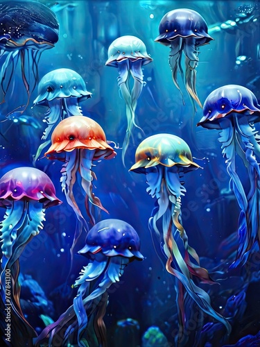A group of jellyfish swimming in the blue ocean with bubbles and bubbles on the surface of the water. Generated AI.