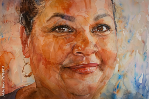 Watercolor painting of mature womans face with a cheerful smile on her lips, capturing a moment of joy and positivity