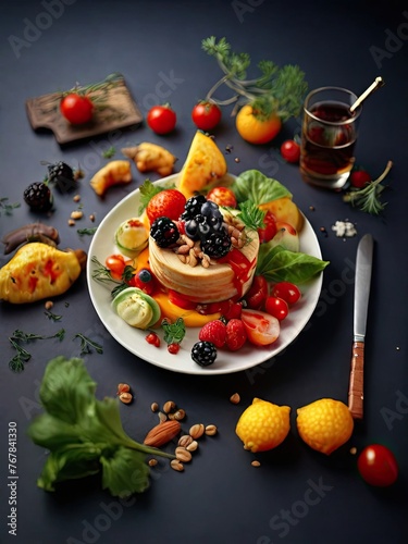 A plate of food with fruits and vegetables on it a knife and fork on the side of the plate and a picture of the food. Generated AI.