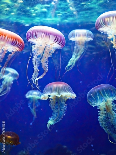 Group of jellyfish floating in aquarium together in water, on blue background. Generated AI.