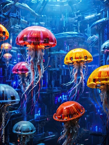 A bunch of jellyfish floating in a blue room with lights on them and a neon lamp in the middle. Generated AI.