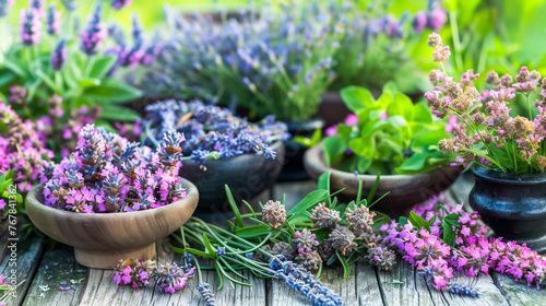 Assorted fresh herbs and flowers in wooden bowls on a rustic table, showcasing lavender, mint, and other aromatic plants for natural wellness and aromatherapy. Sense of tranquility and rejuvenation. 
