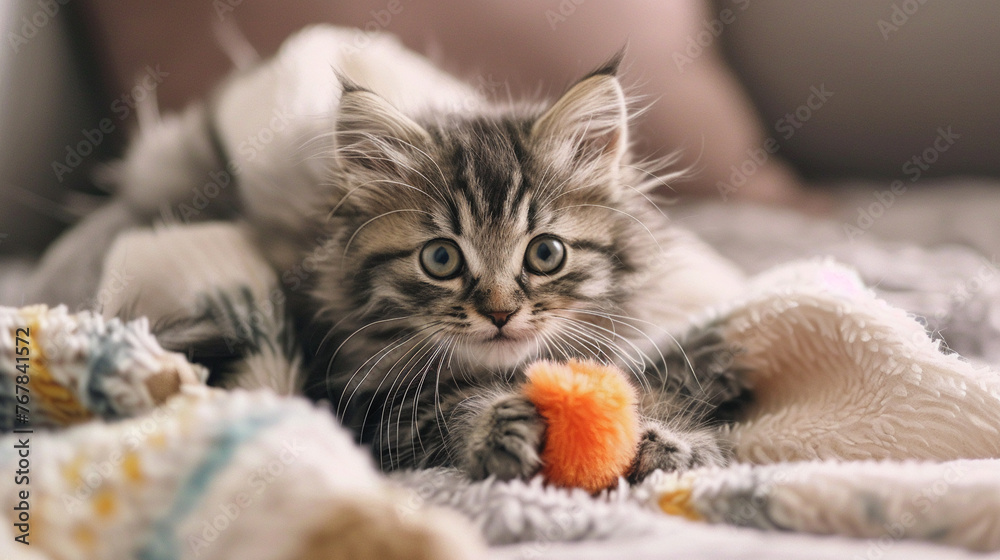 A cute fluffy kitten playing with a toy on a cozy blanket