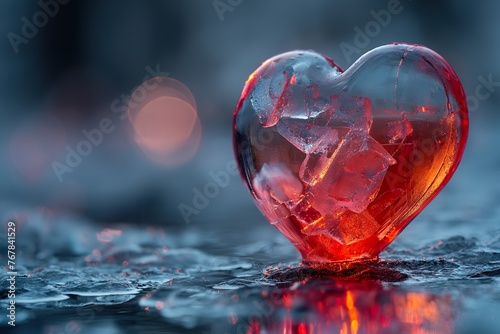 A red heart shaped ice cube resting on a table surface.