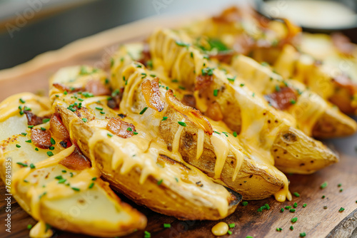 A wooden cutting board topped with potatoes covered in melted cheese.