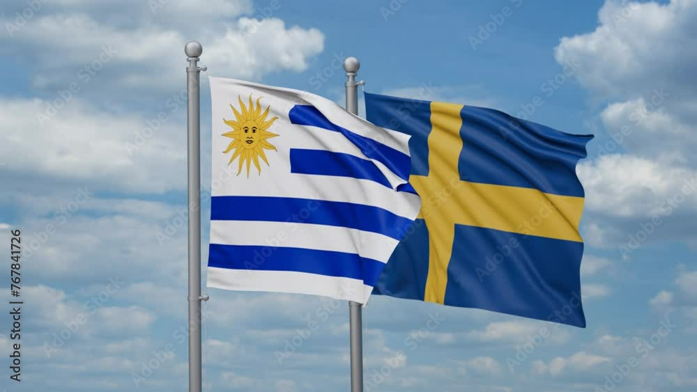 Sweden and Uruguay two flags waving together, looped video, two country cooperation concept Sweden and Uruguay two flags waving together, looped video, two country cooperation concept