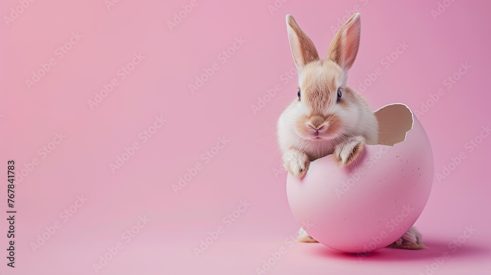 Funny easter concept holiday animal celebration greeting card Cute little easter bunny, rabbit sitting on many colorful painted esater eggs, isolated on pink background Front view cute
