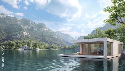 modern architecture tiny house, gray concrete material, with lake and forest in background, architectural rendering, floating on an island in the middle of mountainous river