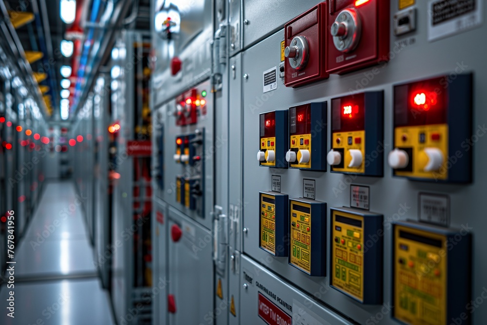 Multiple electrical switches and switches on a wall.
