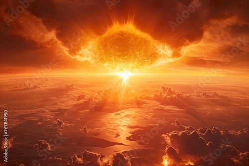 The sun descends below the horizon, casting a warm glow, nuclear explosion.