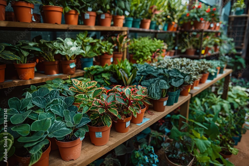 A shelf holding numerous potted plants of various sizes and types. A shelf holding numerous potted plants of various sizes and types.
