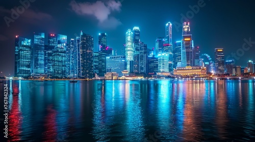 Skyline: A city skyline at night, with illuminated buildings and skyscrapers