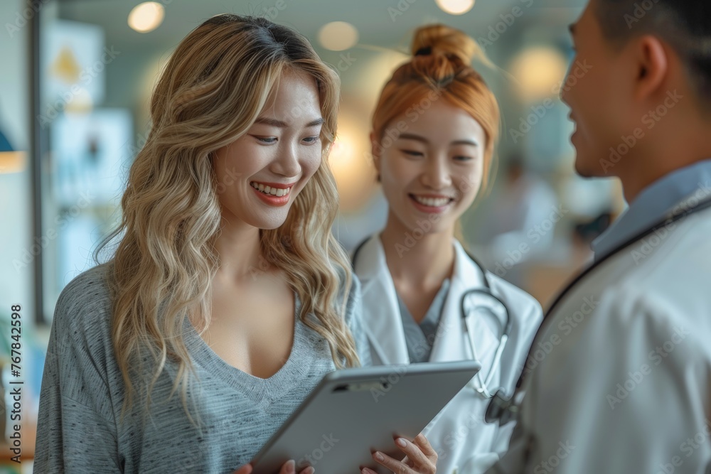 Two doctors as they smile while reviewing information on a tablet computer in a hospital environment, showcasing modern healthcare technology and teamwork. Two doctors as they smile while reviewing information on a tablet computer in a hospital environment, showcasing modern healthcare technology and teamwork.