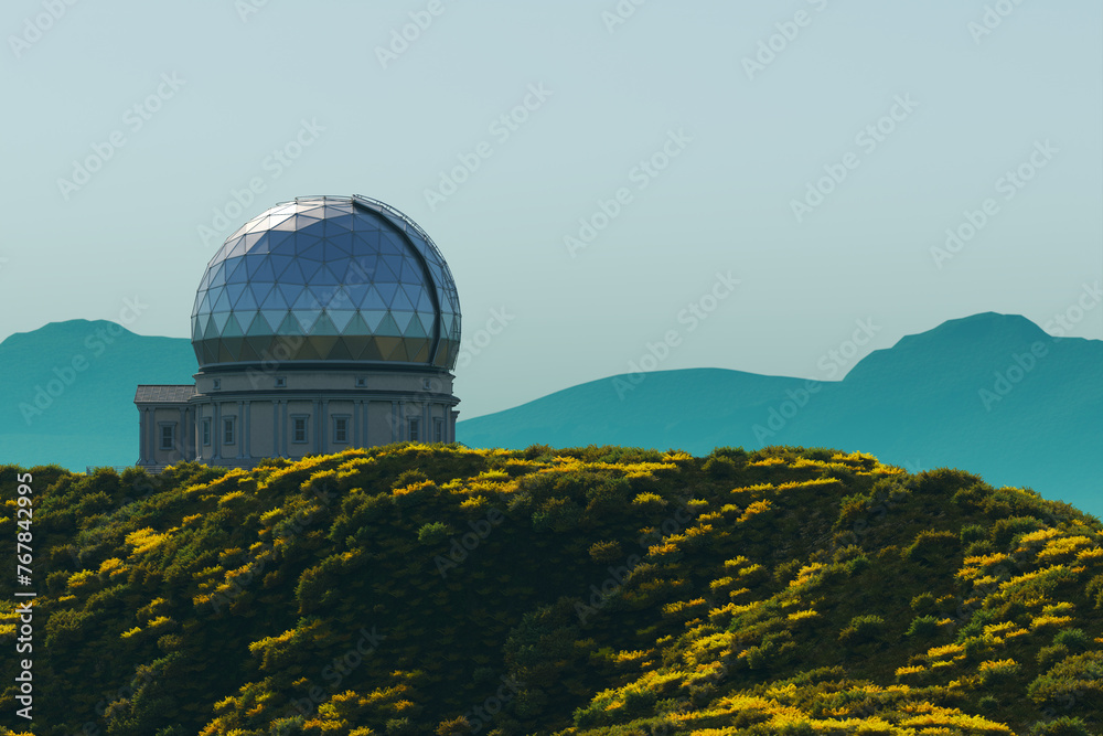 Majestic Observatory Dome Overlooking Vibrant Floral Hillside Under Serene Sky