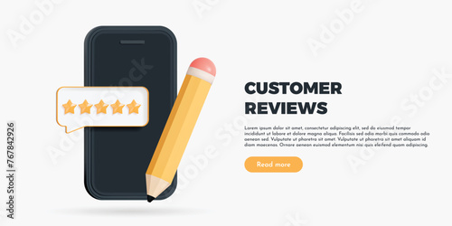 3D Phone with five star review rating and pencil. Write positive review online. Online service quality assessment. Customer feedback. Social media comment. Cartoon creative design vector illustration