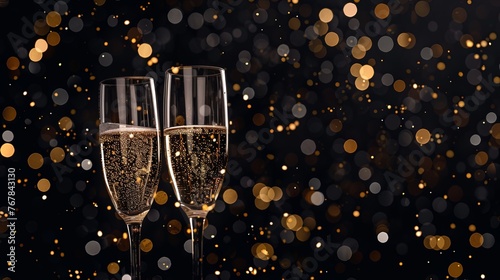 Two elegant champagne flutes clink against a black background, ready for a festive toast Festive luxury celebration birthday new year's eve sylvester or other holidays background banner greeting card 