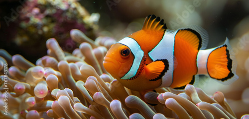 A colorful clownfish peeking out from the protective embrace of an anemone, its vibrant orange and white stripes providing the perfect camouflage against the reef backdrop © rai stone