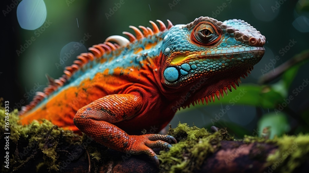 Fototapeta premium A strikingly colorful orange iguana stands out against the green backdrop of rainforest flora