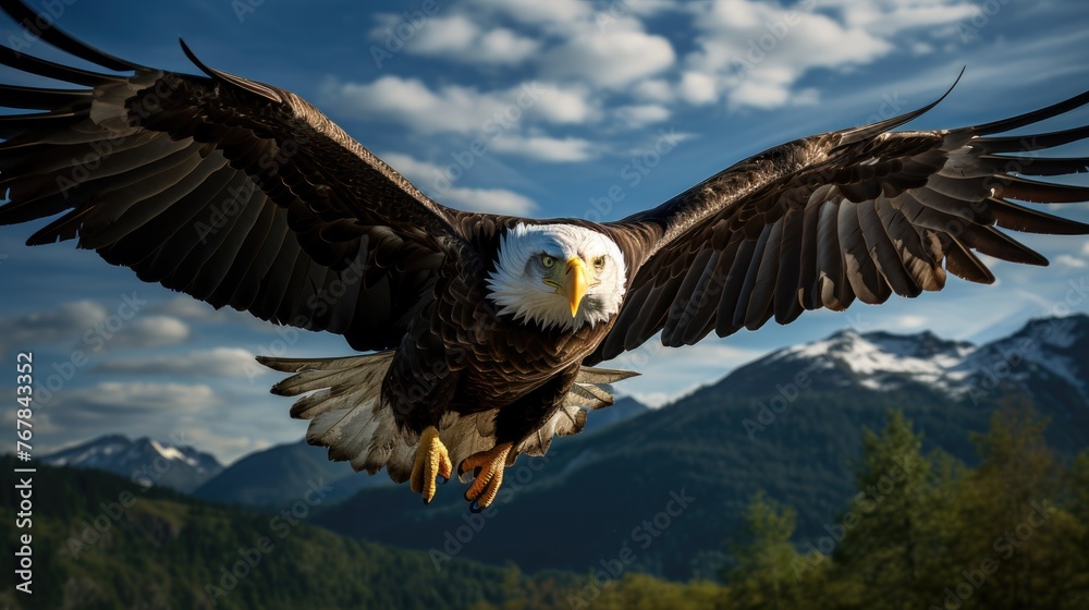 Majestic bald eagle in flight with wings outstretched against a backdrop of towering mountains
