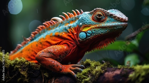 A strikingly colorful orange iguana stands out against the green backdrop of rainforest flora
