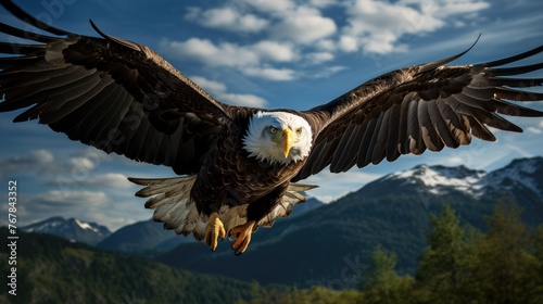 Majestic bald eagle in flight with wings outstretched against a backdrop of towering mountains