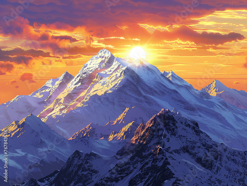Majestic snow-capped mountain peaks at golden sunrise/sunset