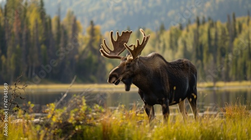 A regal moose stands by a calm lake with a backdrop of autumn trees in a tranquil wilderness setting, exuding a sense of peace.