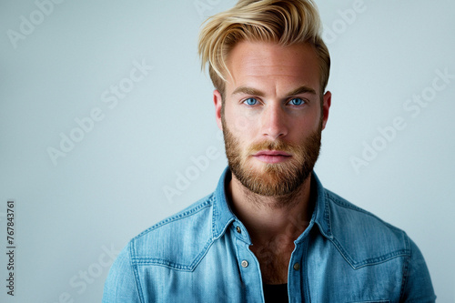 Portrait of a young man with a stylish beard and blonde hair against a grey  background, exuding confidence