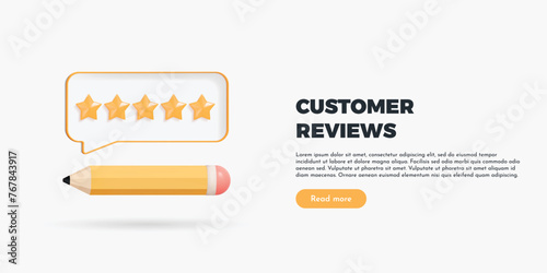 3D Online feedback. Pencil with five stars customer review. Write comment on product. Survey form. Forum with polls. Best rating. Consumer's opinion. Cartoon creative design vector illustration