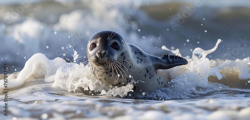 A playful seal pup frolicking in the waves, its sleek body twisting and turning as it dives and spins with joyful abandon photo