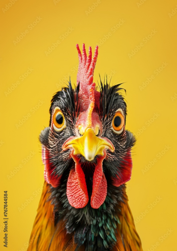 Funny image of a hen on a yellow background.