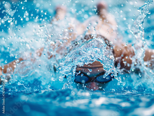 Swimmer athlete diving into blue water pool with splash front