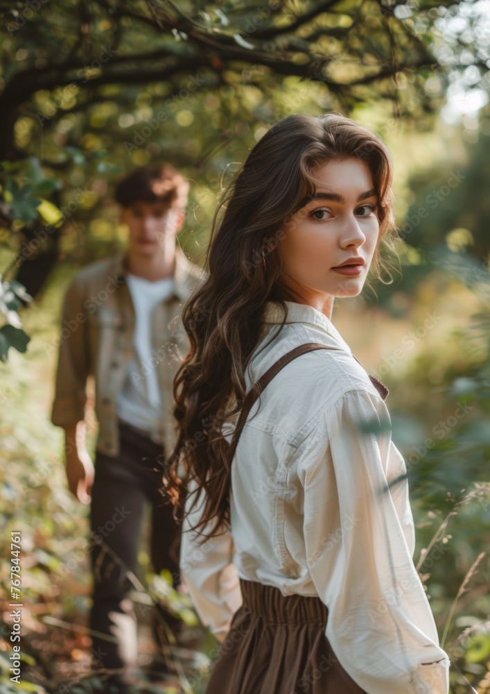 Nice young couple walking in the forest. Nice young couple walking in the forest.
