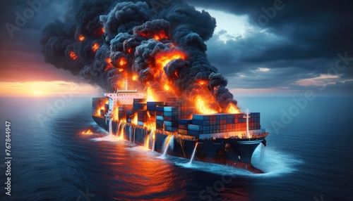 Cargo ship with massive fire at sea - A harrowing depiction of a cargo ship being engulfed in flames at sea under a smokey sky, highlighting the dangers at sea