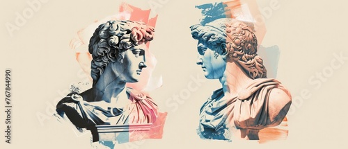 Besides halftone antique statue busts in 90s retro collage style, there is also a duotone riso modern illustration. A set of two colored stickers is available.