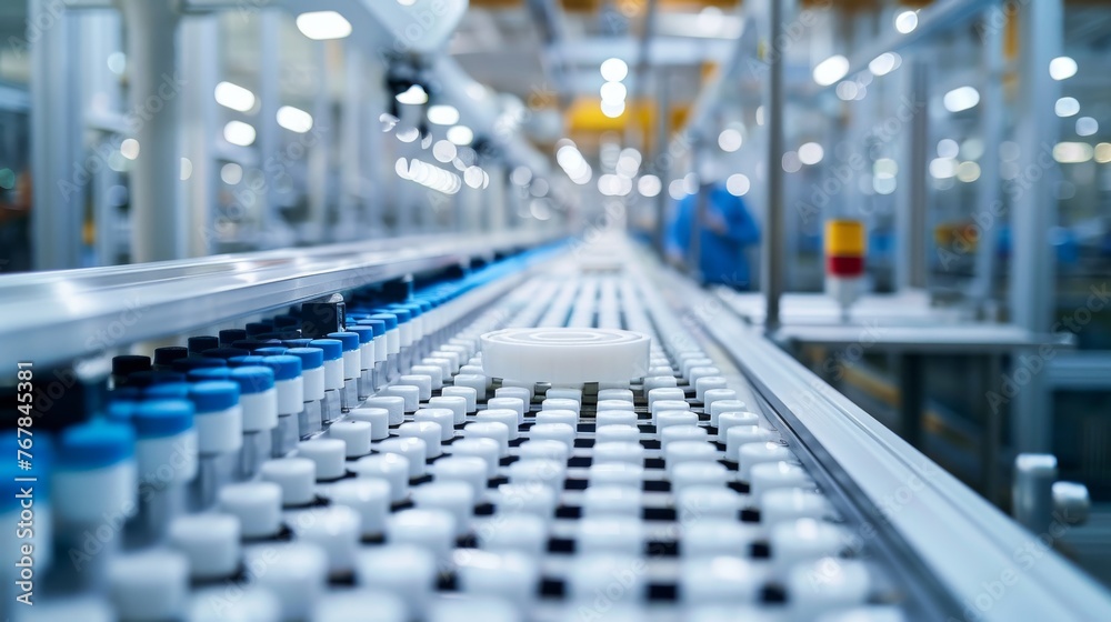 Industrial packaging line in manufacturing plant. Conveyor in a spacious, bright, well lit factory workshop.