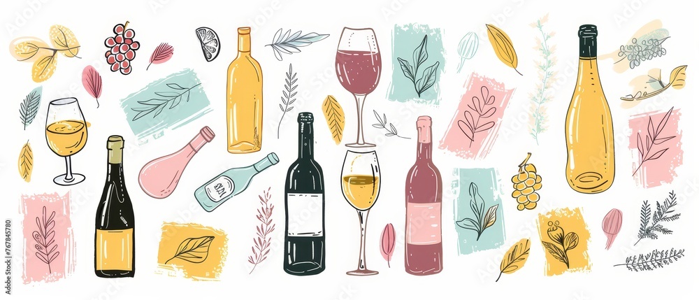 Doodle hand drawn wine elements set on white background. Bottles, glasses, grapes, etc. Line modern illustration collection. Doodle hand drawn wine elements set on white background. Bottles, glasses, grapes, etc. Line modern illustration collection.
