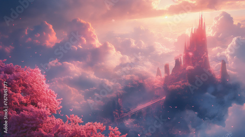 Mystical Castle Amidst Pink Clouds at Sunset