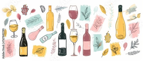 Doodle hand drawn wine elements set on white background. Bottles  glasses  grapes  etc. Line modern illustration collection.