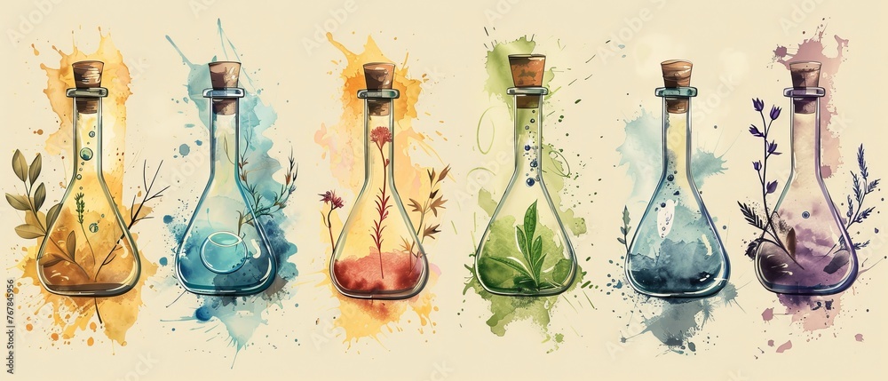Chemistry textured test tubes and flask outlined sketch. Education and science isolated illustration in color doodle style with décor. Collection of Hand drawn bulb with bubble liquid. Chemistry textured test tubes and flask outlined sketch. Education and science isolated illustration in color doodle style with décor. Collection of Hand drawn bulb with bubble liquid.