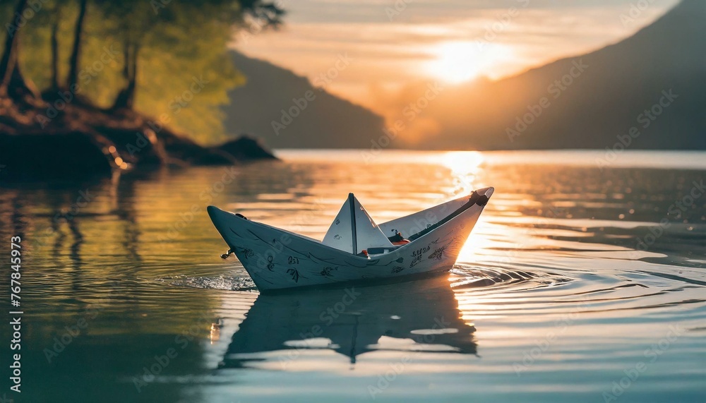 Paper boat in cal peaceful water at sunset creating sense of relexing peaceful for meditation 