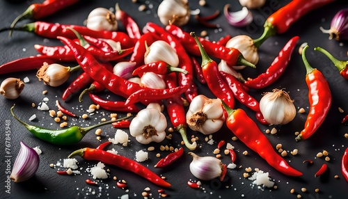 Red hot chilli pepper, garlic, onion, salt and vinegar Fresh organic vegetables for salad.
