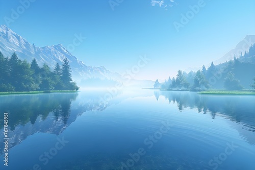 Reflections on Water: Still waters reflecting a clear blue sky and surrounding landscape, creating a serene and peaceful image.