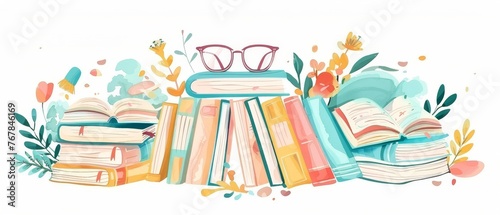 A set of various books and piles of books with bookworm dressed in glasses. Hand drawn educational modern illustrations. Flat hand drawn design.
