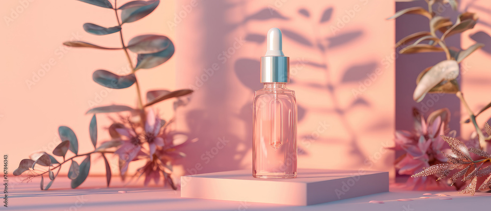Pink floral showcase with cream jar, container, serum bottle, surreal flowers in trendy pastel color. Shadows effect.Skin Care, makeup concept. Cosmetic product presentation. Generative ai Pink floral showcase with cream jar, container, serum bottle, surreal flowers in trendy pastel color. Shadows effect.Skin Care, makeup concept. Cosmetic product presentation. Generative ai